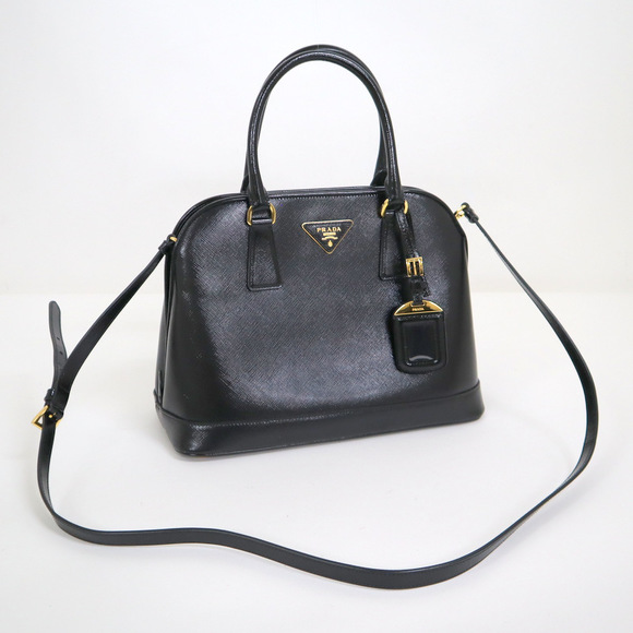 Prada 2-Way Bag Saffiano Triangular Logo Plate Leather Black x Gold - Picture 1 of 9